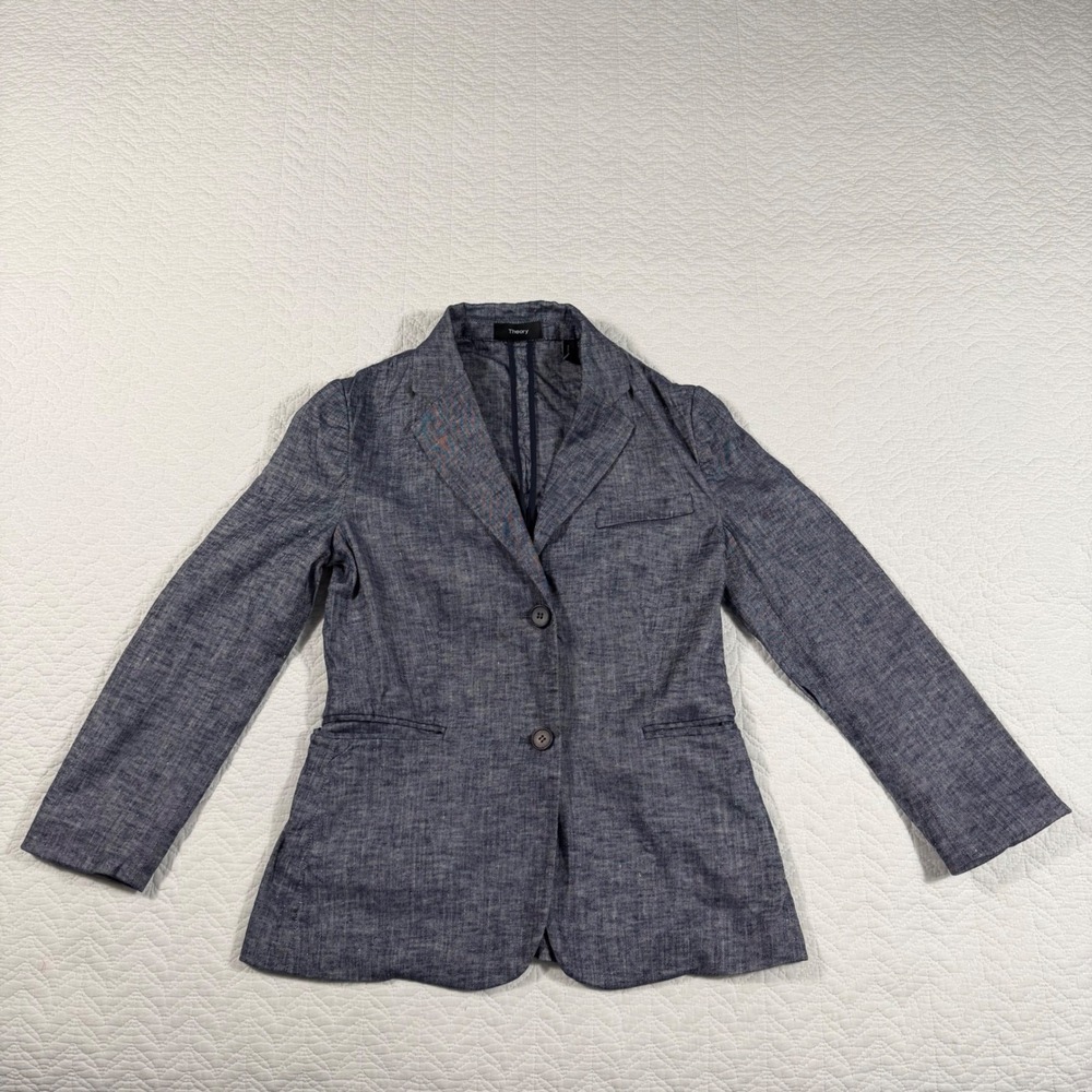 Theory Linworth B Tierra Wash Linen Blend Blazer Indigo Blue Womens Size 2